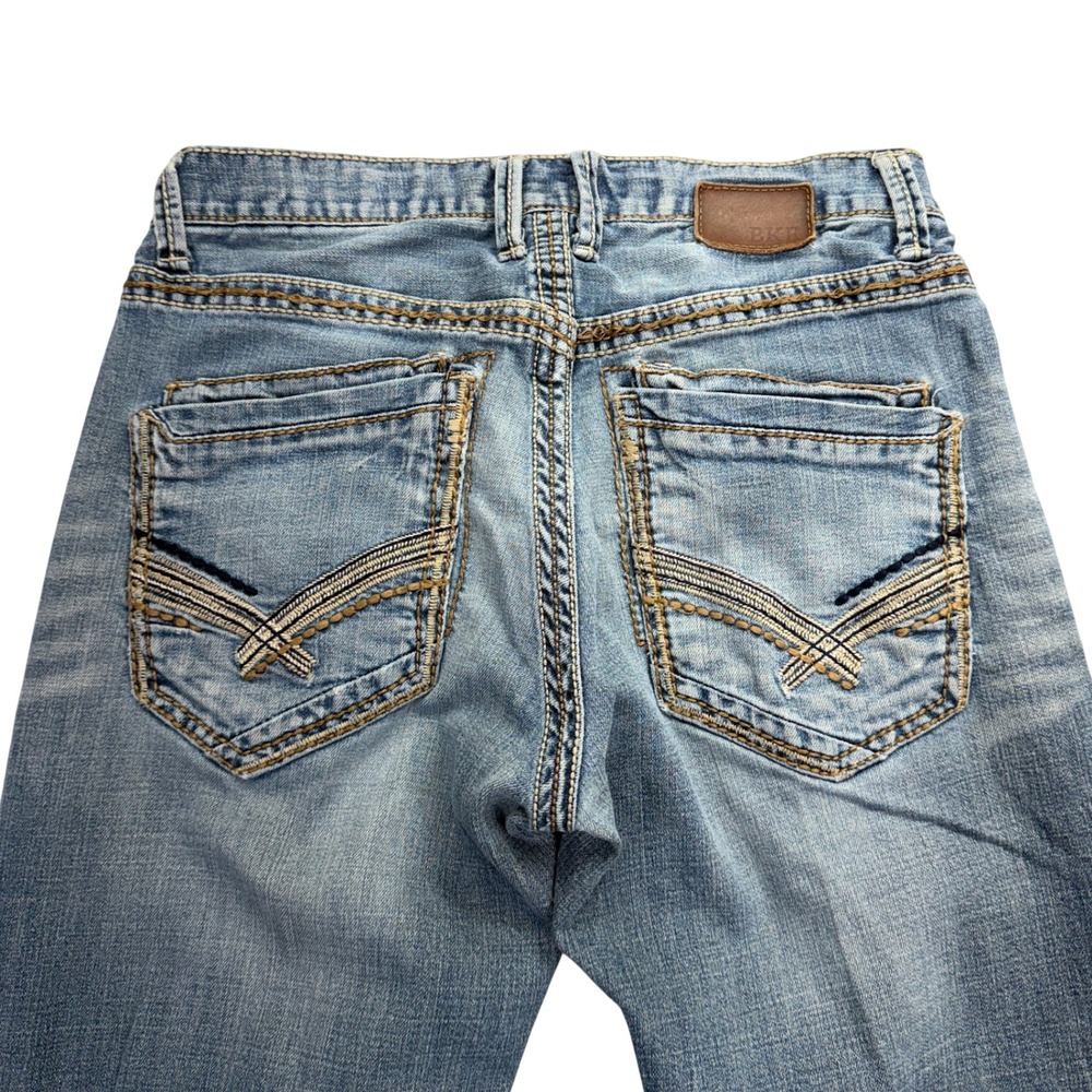 BKE Tyler Mens Straight Leg Jeans 29R Medium Wash Heavy Stitch Distressed Denim